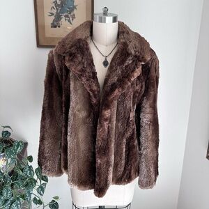 Brown genuine fur (possibly sheared beaver) jacket over coat, cropped, DAMAGED